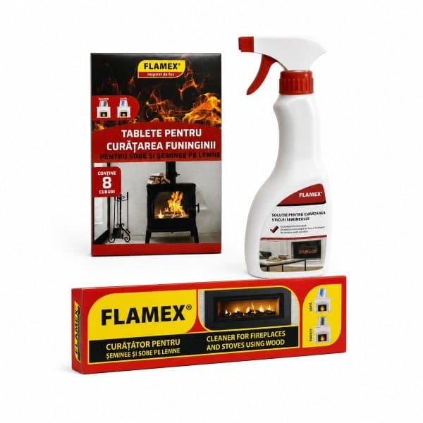 Pachet Flamex – Tablete curățare funingine 8 cuburi + Curățător pentru șeminee și sobe pe lemne + Curățător sticlă șemineu