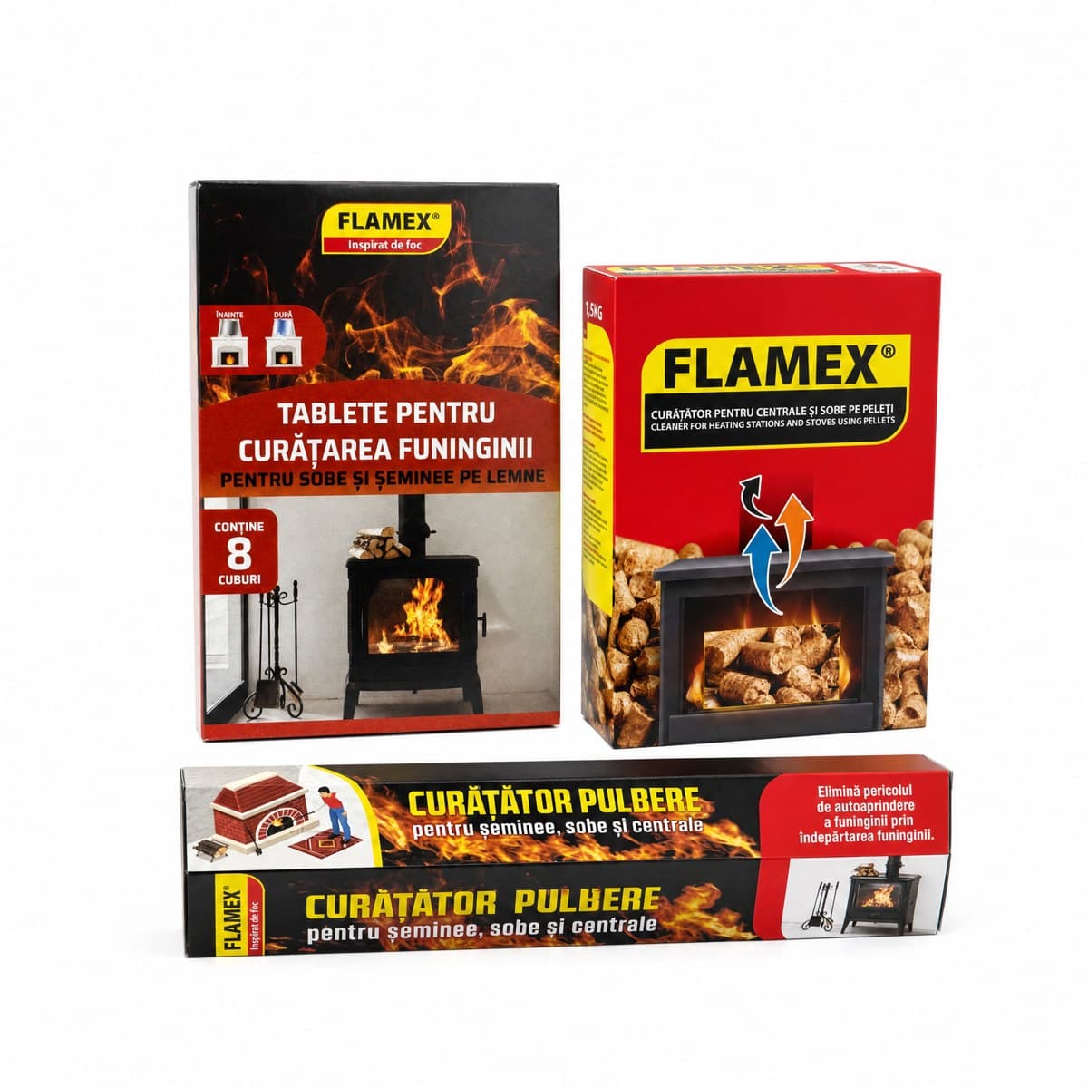 Pachet Flamex – Curățător pentru centrale și sobe pe peleți + Tablete curățare funingine 8 cuburi + Curățător pulbere pentru șeminee, sobe și centrale