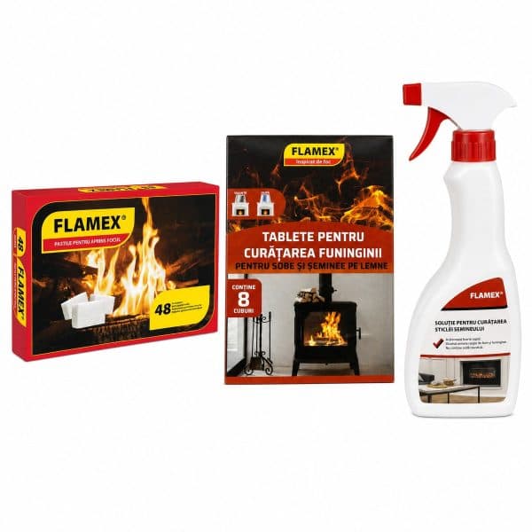 Pachet Flamex – Pastile pentru aprins focul 48 cuburi + Tablete curățare funingine 8 cuburi + Curățător sticlă șemineu