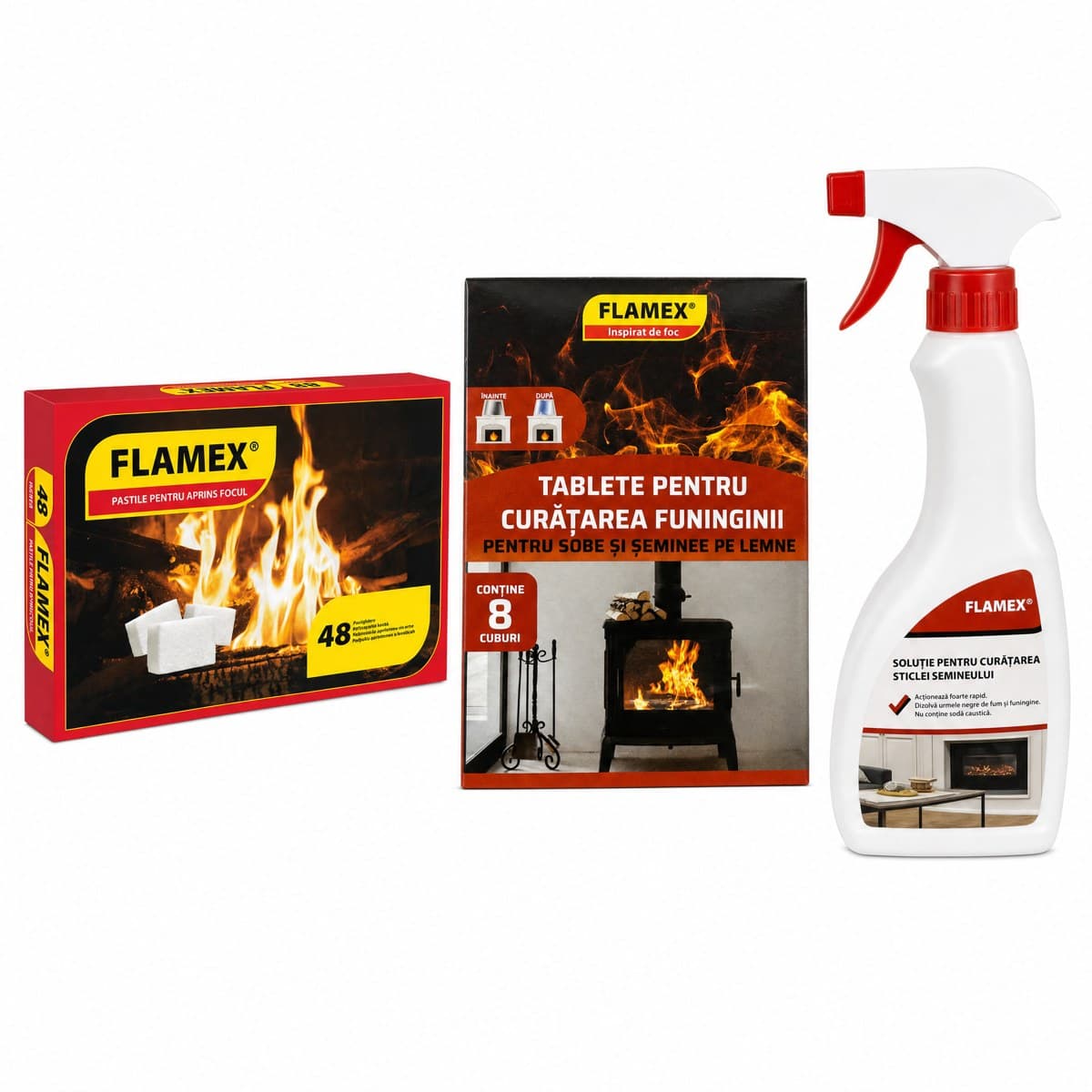Pachet Flamex – Pastile pentru aprins focul 48 cuburi + Tablete curățare funingine 8 cuburi + Curățător sticlă șemineu