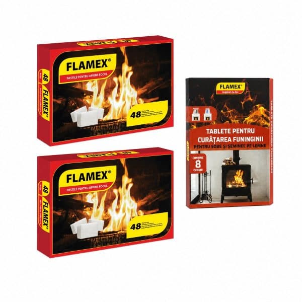 Pachet Flamex – 2x Pastile pentru aprins focul 48 cuburi + Tablete curățare funingine 8 cuburi